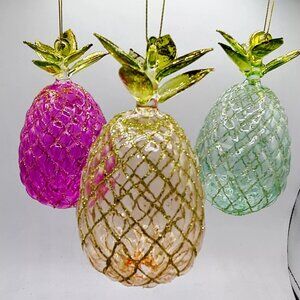 Yellow Pink Green Pineapple 5.5" Glass Ornament Set 3 Beach Coastal Christmas